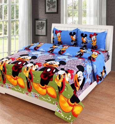 Home Pictures 120 TC Microfiber Double Cartoon Flat Bedsheet(Pack of 1, Blue)