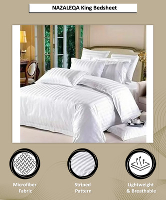 NAZALEQA 160 TC Microfiber King Striped Flat Bedsheet(Pack of 1, White)