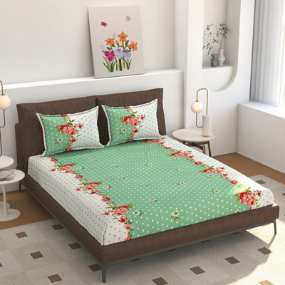 HOMIMPEX Cotton King Fitted (Elastic) 300 TC Printed Bedsheet(Pack of 1, FITTED-GREEN DOT)