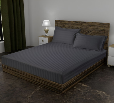 Texlux Cotton King Fitted (Elastic) 250 TC Striped Bedsheet(Pack of 1, Grey)