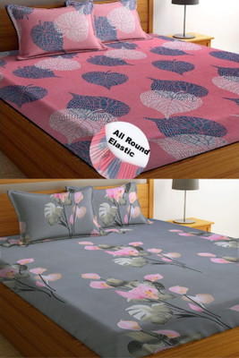 VORDVIGO 220 TC Cotton Queen Abstract Fitted (Elastic) Bedsheet(Pack of 2, Multicolor)
