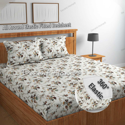 Decent Home 240 TC Cotton Double Floral Fitted (Elastic) Bedsheet(Pack of 1, White)