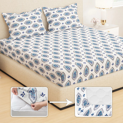 Story@home Microfiber Queen Fitted (Elastic) 210 TC Printed Bedsheet(Pack of 1, White, Blue)