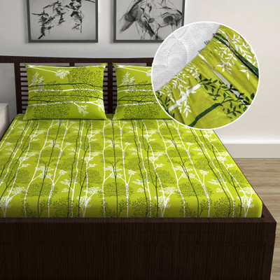 Divine Casa 144 TC Cotton Double Floral Fitted (Elastic) Bedsheet(Pack of 1, Evergreen)