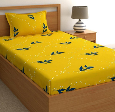 LX LOYREX Cotton, Microfiber Single Fitted (Elastic) 280 TC Floral Bedsheet(Pack of 1, yellow mandir)