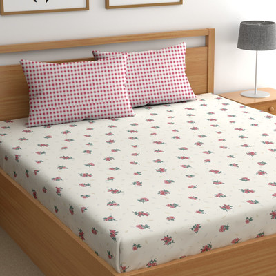 CHHAVI INDIA 210 TC Microfiber King Printed Flat Bedsheet(Pack of 1, Pink & White)