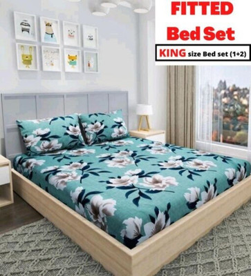 RUMFOT Microfiber Double Fitted (Elastic) 270 TC Floral Bedsheet(Pack of 1, AS03)