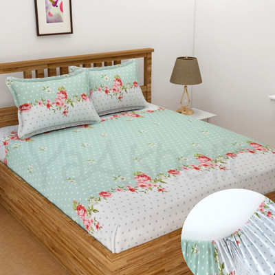 YaAkholic 310 TC Cotton Double Printed Fitted (Elastic) Bedsheet(Pack of 1, Green)