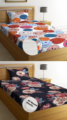 P.Rtrend 210 TC Microfiber Single Printed Fitted (Elastic) Bedsheet(Pack of 2, Multi Smily, Black Floral)