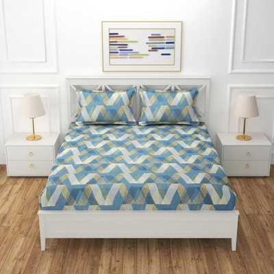 Ulom 220 TC Microfiber Double Geometric Fitted (Elastic) Bedsheet(Pack of 1, multi blue vcross)