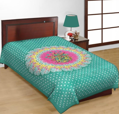 Indian Royal Fashion Cotton Single Flat 144 TC Jaipuri Prints Bedsheet(Pack of 1, Green)