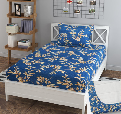 BLUEDOT 200 TC Cotton Single Self Design Fitted (Elastic) Bedsheet(Pack of 1, Blue, White)