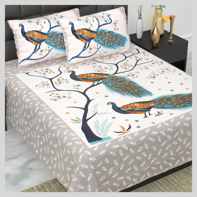 JAIPUR PRINTS 160 TC Cotton Double Jaipuri Prints Flat Bedsheet(Pack of 1, Grey)