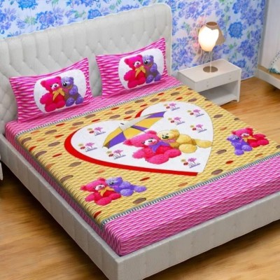 Garg Traders 160 TC Cotton Double Printed Fitted (Elastic) Bedsheet(Pack of 1, Pink Teddy)