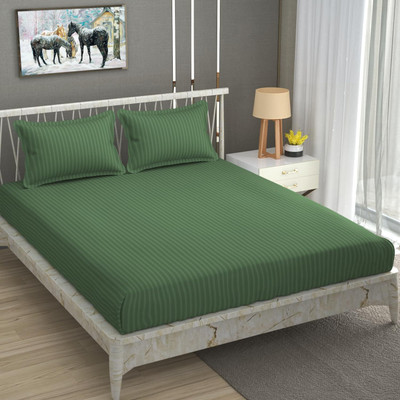 VORDVIGO 300 TC Satin Double Striped Fitted (Elastic) Bedsheet(Pack of 1, Green)