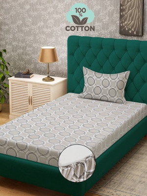 Klotthe 400 TC Cotton Single Printed Fitted (Elastic) Bedsheet(Pack of 1, Beige)