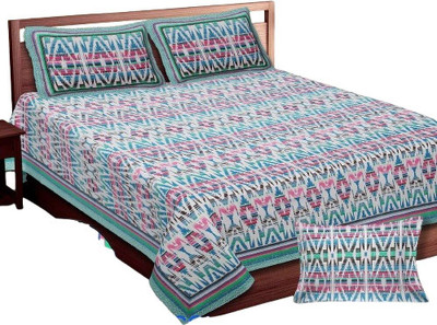 Sere Global Cotton Super King Flat 220 TC Printed Bedsheet(Pack of 1, White & Green)