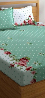 ABC Cotton King Fitted (Elastic) 200 TC Floral Bedsheet(Pack of 1, Green)