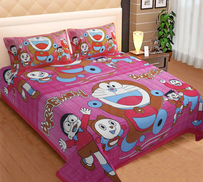 E ELMA Cotton Double Flat 250 TC Printed Bedsheet(Pack of 1, Pink)
