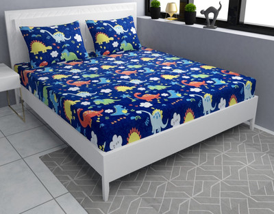 TINDLER KNOTS 210 TC Microfiber Queen Printed Fitted (Elastic) Bedsheet(Pack of 1, Dark Blue, Multicolor)