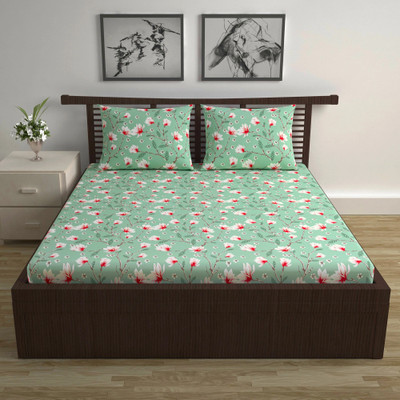 Divine Casa Cotton Double Flat 144 TC Floral Bedsheet(Pack of 1, Beach Glass)