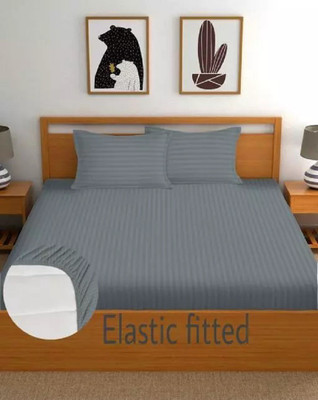 TURIYA 180 TC Microfiber Double Striped Fitted (Elastic) Bedsheet(Pack of 1, Grey)