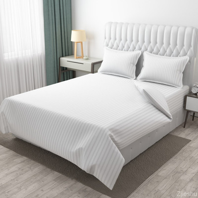 Galaxy Drape 210 TC Polycotton Double Striped Flat Bedsheet(Pack of 1, White)