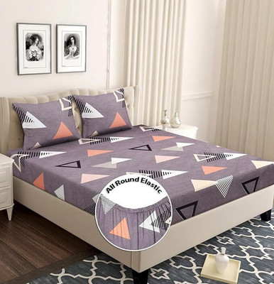 ARDM 204 TC Cotton Double Printed Fitted (Elastic) Bedsheet(Pack of 1, Grey)