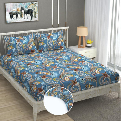 BEDORISM 240 TC Cotton Double Geometric Fitted (Elastic) Bedsheet(Pack of 1, Blue)