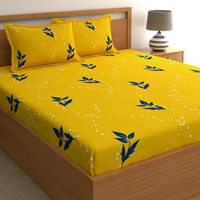 TerryFox Cotton Double Fitted (Elastic) 410 TC Floral Bedsheet(Pack of 1, Yellow)