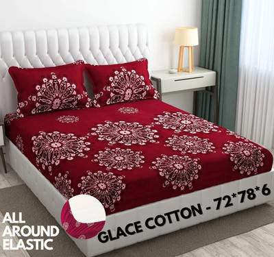 SHOPHOX Cotton Double, King Fitted (Elastic) 210 TC Printed Bedsheet(Pack of 1, Red, White)