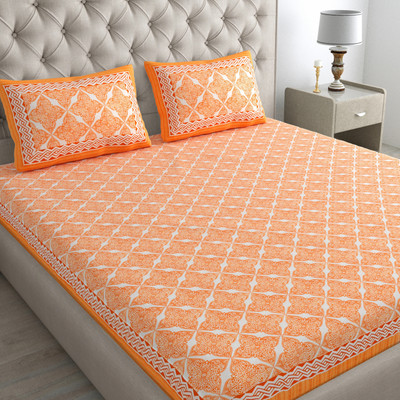 Pink City Cotton Double Flat 144 TC Printed Bedsheet(Pack of 1, Orange 2)