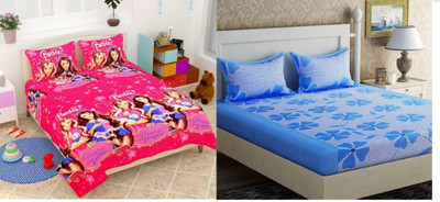 HSR Collection Cotton Double Flat 210 TC Printed Bedsheet(Pack of 2, Blue)