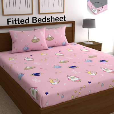 CHHAVI INDIA 210 TC Microfiber Double Printed Fitted (Elastic) Bedsheet(Pack of 1, PINK ROCKET)