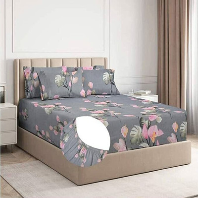 mintu fab 200 TC Cotton King Floral Fitted (Elastic) Bedsheet(Pack of 1, Grey)