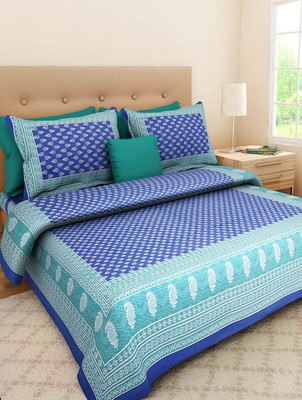 BHOOMI TEXTILES 144 TC Cotton Double Printed Flat Bedsheet(Pack of 1, Blue)