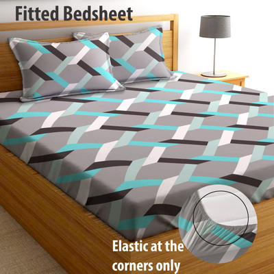 AEROHAVEN 210 TC Microfiber Double Abstract Fitted (Elastic) Bedsheet(Pack of 1, Blue)