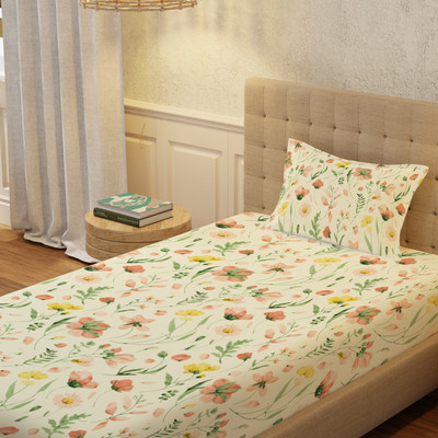 Urban Space Cotton Single Flat 200 TC Floral Bedsheet(Pack of 1, Meadows Buttercream)