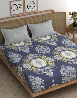 SHIRIN CREATION 350 TC Microfiber King Floral Flat Bedsheet(Pack of 1, Dark Blue, Grey pillow covers)