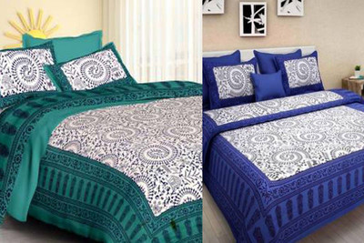 KANDY SHOP Cotton Queen Flat 240 TC Jaipuri Prints Bedsheet(Pack of 2, aqua green-blue)