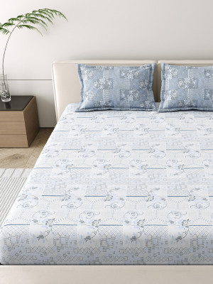 Mafatlal Cotton King Flat 186 TC Printed Bedsheet(Pack of 1, Light Blue with gray)
