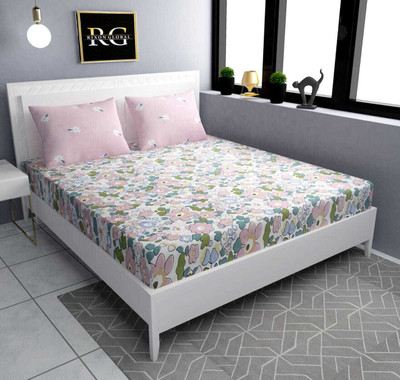 TINDLER KNOTS 210 TC Microfiber King Printed Fitted (Elastic) Bedsheet(Pack of 1, Pink, Green)