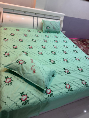 AFIFA COLLETION Cotton Double Flat 240 TC Embroidered Bedsheet(Pack of 1, GREEN BEDSHEET TWO PILLOW COVER)