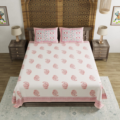 Blocks Of India Cotton Double Flat 200 TC Printed Bedsheet(Pack of 1, Pink, Peach, White)