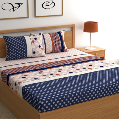 CG Homes 160 TC Cotton Double Printed Flat Bedsheet(Pack of 1, Blue Beige Multi)