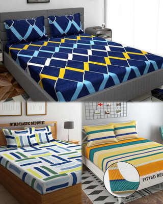 FABMARTS Cotton Queen Fitted (Elastic) 220 TC 3D Printed Bedsheet(Pack of 3, checked,line,multicolor bedsheet with matching pillow cover)