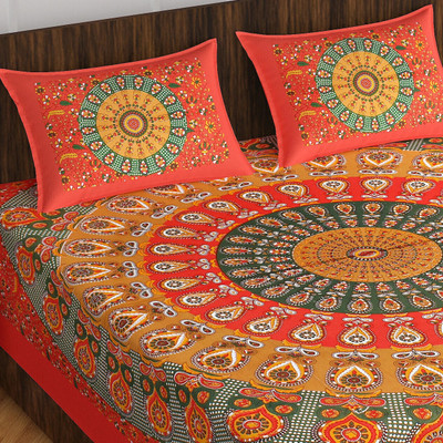 Pink City 144 TC Cotton Double Jaipuri Prints Flat Bedsheet(Pack of 1, Red)