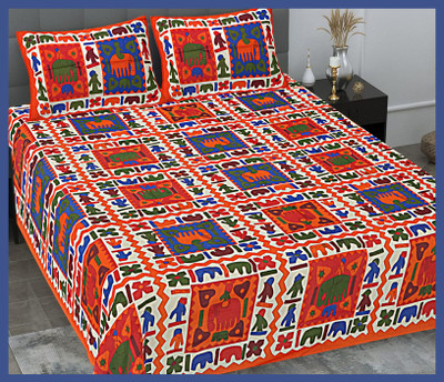 BedZone Cotton Double Flat 240 TC Jaipuri Prints Bedsheet(Pack of 1, Orange)