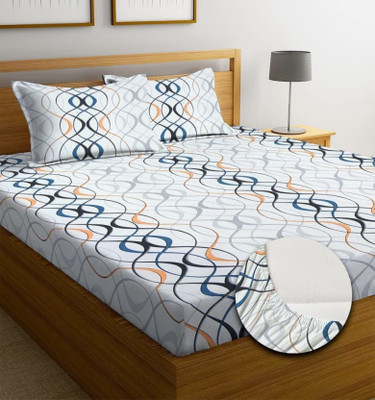 LX LOYREX 220 TC Microfiber Double Printed Fitted (Elastic) Bedsheet(Pack of 1, White, Multicolor, Black)