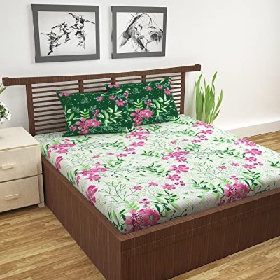 Divine Casa 144 TC Cotton Double Floral Flat Bedsheet(Pack of 1, Deep Mint)